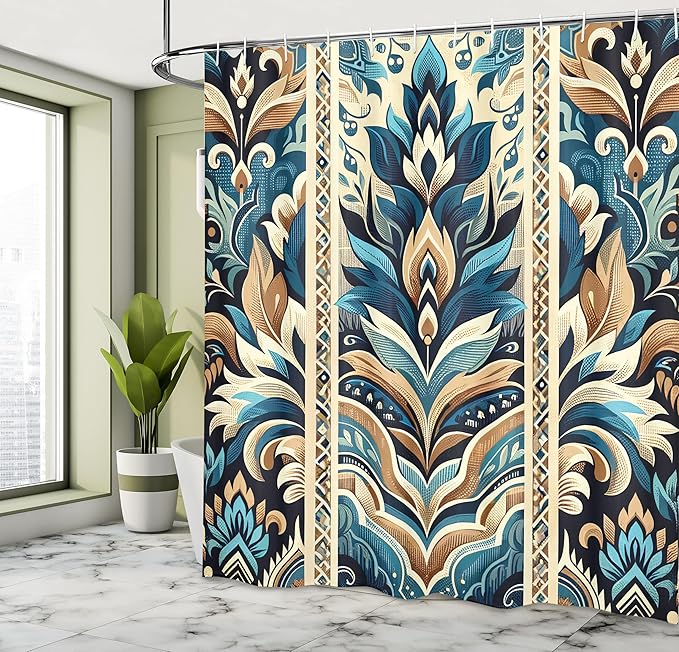 Ambesonne Vintage Shower Curtain, Ethnic Leaves and Flourishing Botanical Balance Folkloric Influences, Cloth Fabric Bathroom Decor Set with Hooks, 69" W x 75" L, Azure Blue and Sand Brown