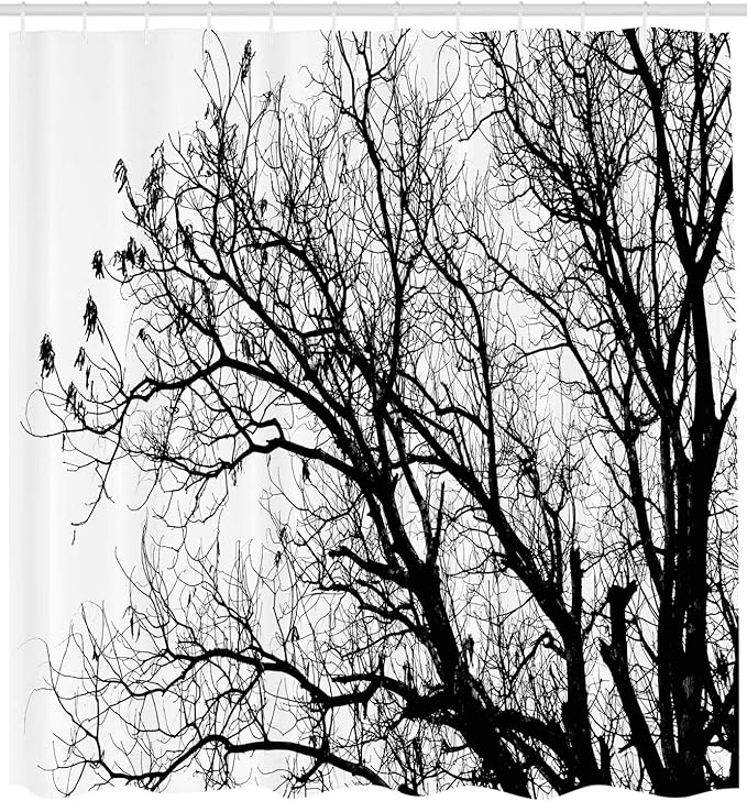 Ambesonne Nature Shower Curtain, Leafless Autumn Fall Tree Branches Tops Oak Forest Woodland Season Eco Theme, Cloth Fabric Bathroom Decor Set with Hooks, 69" W x 84" L, Charcoal Grey White