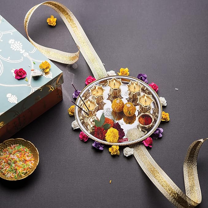 HAZEL Stainless Steel Pooja Aarti Thali Set, 11 inches with 5 Pcs Diva, 1 Pc Incense Holder and Kumkum Wati, Silver
