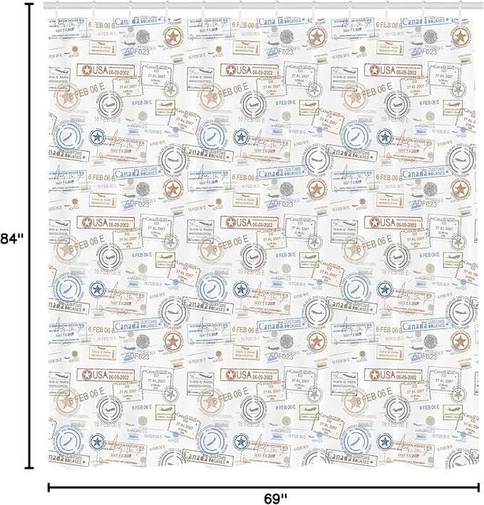 Ambesonne Travel Shower Curtain, Vintage Old Rubber Stamps Tourist Passport Visa Certificate Vacation Holiday Theme, Cloth Fabric Bathroom Decor Set with Hooks, 69" W x 84" L, Warm Taupe Blue