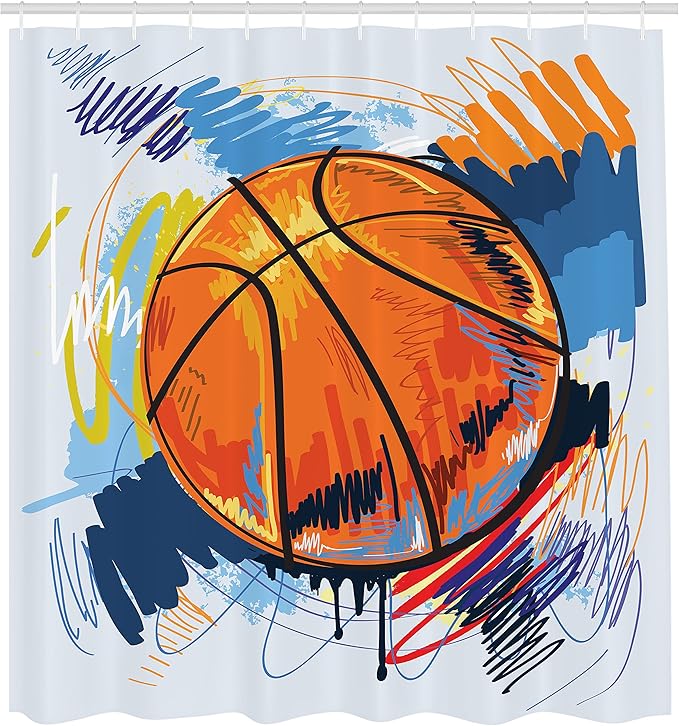 Ambesonne Sports Shower Curtain, Basketball Colorful Background Sketch Enjoyment Doodle Style Design, Cloth Fabric Bathroom Decor Set with Hooks, 69" W x 70" L, Blue Orange