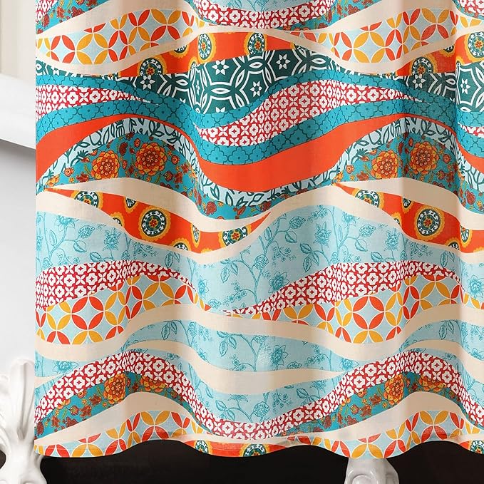 Lush Decor Hailey Watercolor Wave Cotton Shower Curtain Single 72" W x 72" L Turquoise & Multi - Colorful Shower Curtains for Bathroom Curtain Maximalist