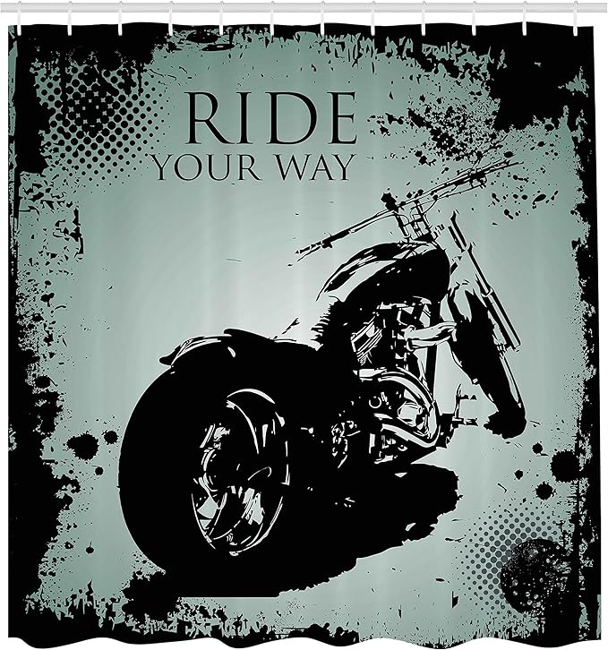 Ambesonne Vintage Shower Curtain, Retro Motorcycle with Black Dots and Splatters Chopper Road Trip Artwork, Cloth Fabric Bathroom Decor Set with Hooks, 69" W x 70" L, Black and Pale Blue