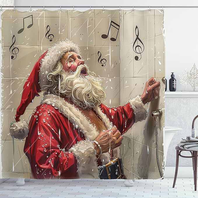 Ambesonne Christmas Shower Curtain, Vintage Illustration of Santa Claus Singing in The Shower Xmas Theme, Cloth Fabric Bathroom Decor Set with Hooks, 69" W x 70" L, Camel Beige Hot Pink