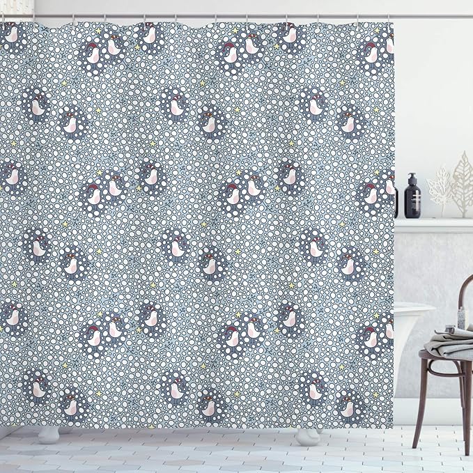 Ambesonne Winter Shower Curtain, Doodle Style Pattern with Bullfinch Birds with Xmas Hats and Snow, Cloth Fabric Bathroom Decor Set with Hooks, 69" W x 75" L, Bluegrey White