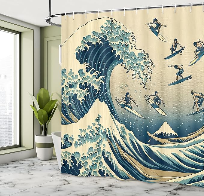 Ambesonne Ukiyo-e Wave Shower Curtain, Classic Japanese Ocean Painting with Flying Surfers Asian Folk, Cloth Fabric Bathroom Decor Set with Hooks, 69" W x 84" L, Navy Blue Ivory Seafoam