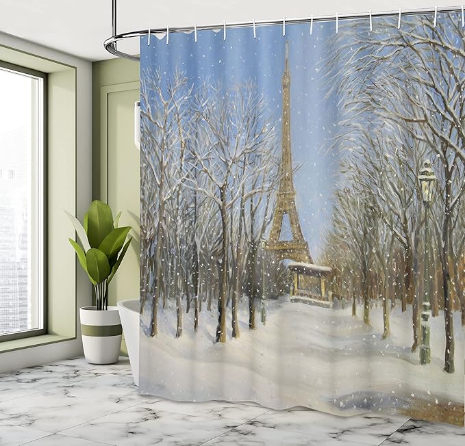 Ambesonne Country Shower Curtain, Winter Scene of Historical Eiffel Tower in Paris Snowy City Europe Urban View, Cloth Fabric Bathroom Decor Set with Hooks, 69" W x 70" L, White Blue Grey