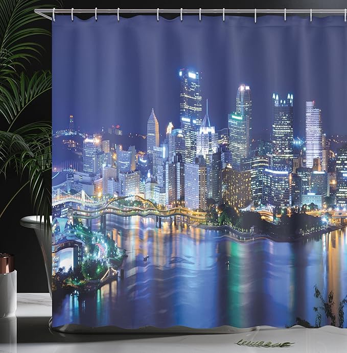 Ambesonne Cityscape Shower Curtain, Skyscrapers Downtown Pittsburgh American Night Skyline Business Town Scenery, Cloth Fabric Bathroom Decor Set with Hooks, 69" W x 70" L, Grey Blue