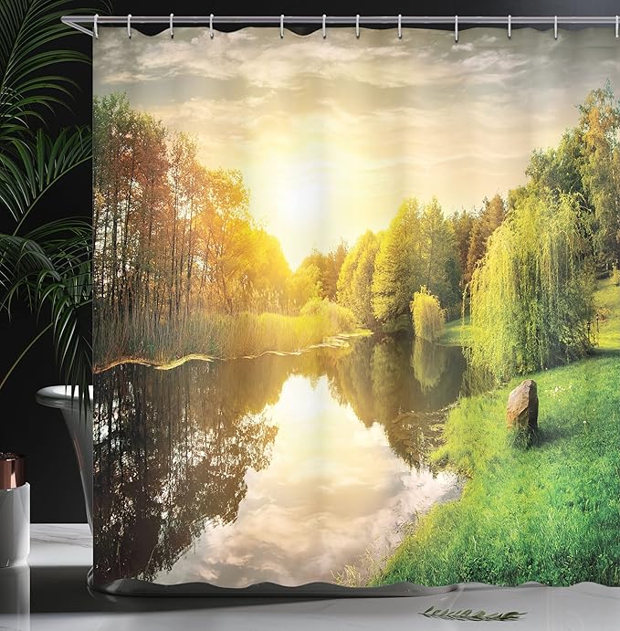 Ambesonne Landscape Shower Curtain, Sunset Over Calm River Grass Willow Trees Grass Rocks Reflection Clouds, Cloth Fabric Bathroom Decor Set with Hooks, 69" W x 75" L, Sand Green