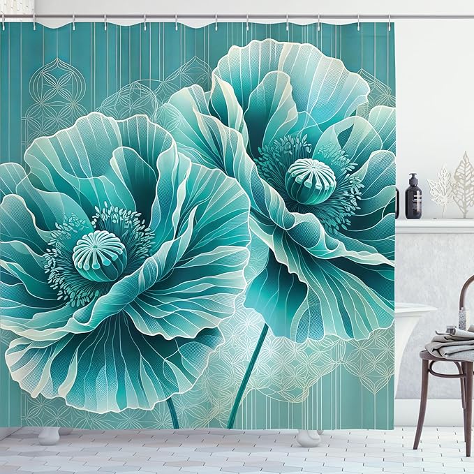 Ambesonne Turquoise Shower Curtain, Futurist Aquamarine Tone Poppy Flowers with Mandala Lines Details, Cloth Fabric Bathroom Decor Set with Hooks, 69" W x 75" L, Dark Seafoam Cadet Blue