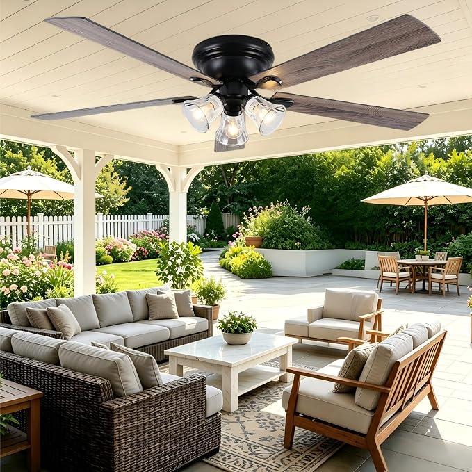 60" Vintage Ceiling Fan with Lights Remote, Flush Mount Fandelier | Farmhouse Ceiling Fan 3-Lights Rustic Chandelier for Living Room Bedroom, 3 E26 Bulb Bases Reversible Quiet DC Motor 6 Speeds