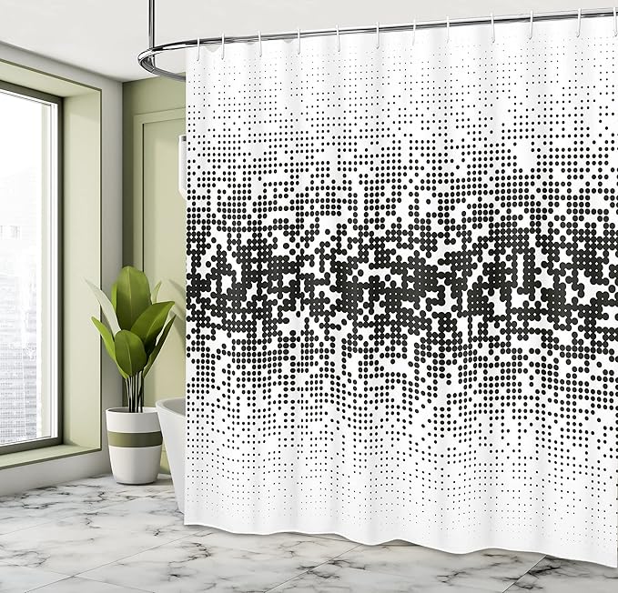 Ambesonne Modern Shower Curtain, Digital Art Print with Geometrical Squares Dots Abstract Ombre Image Print, Cloth Fabric Bathroom Decor Set with Hooks, 69" W x 70" L, Black and White