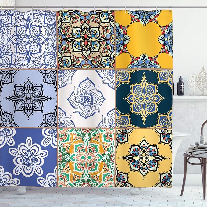 Ambesonne Moroccan Shower Curtain, Portuguese Tile Patterns Various Tones Textures Bohemian Print, Cloth Fabric Bathroom Decor Set with Hooks, 69" W x 70" L, White Soft Blue Night Blue