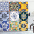 Ambesonne Moroccan Shower Curtain, Portuguese Tile Patterns Various Tones Textures Bohemian Print, Cloth Fabric Bathroom Decor Set with Hooks, 69" W x 70" L, White Soft Blue Night Blue