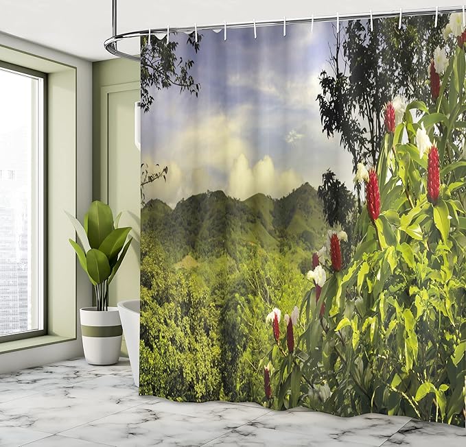 Ambesonne Forest Shower Curtain, Rural Scenery Costa Rica Countryside Greenery Tropic Accents Botanical, Cloth Fabric Bathroom Decor Set with Hooks, 69" W x 75" L, Green Red Violet Blue