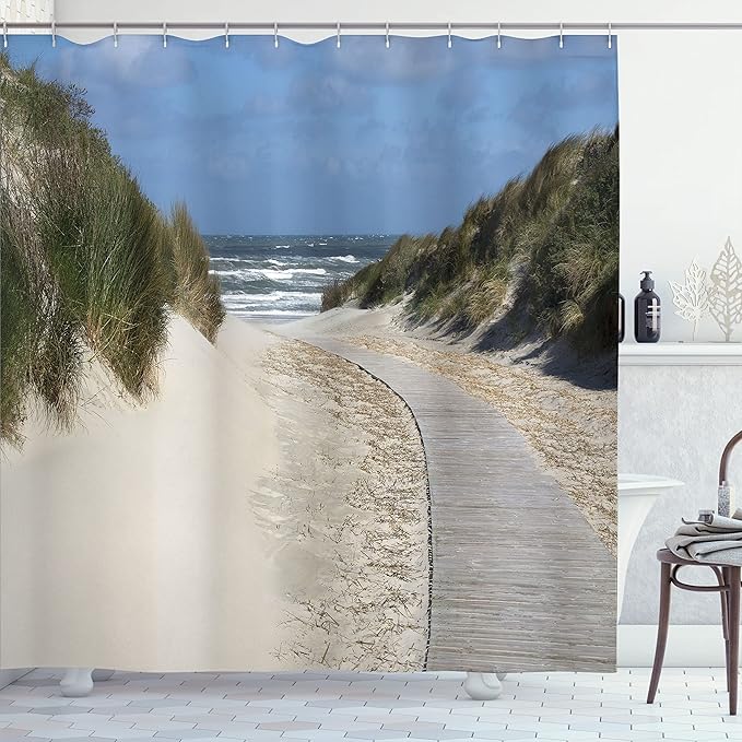 Ambesonne Beach Shower Curtain, Wavy Surface Traveling Greenery European Nature Shoreline Coastal View Cloudscape, Cloth Fabric Bathroom Decor Set with Hooks, 69" W x 70" L, Tan Blue Green