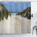 Ambesonne Beach Shower Curtain, Wavy Surface Traveling Greenery European Nature Shoreline Coastal View Cloudscape, Cloth Fabric Bathroom Decor Set with Hooks, 69" W x 70" L, Tan Blue Green