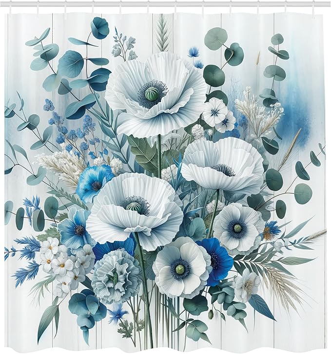 Ambesonne Blue Shower Curtain, Blooming Poppies with Dramatic Eucalyptus Leaves Botanical Style Print, Cloth Fabric Bathroom Decor Set with Hooks, 69" W x 70" L, Cadet Blue Laurel Green