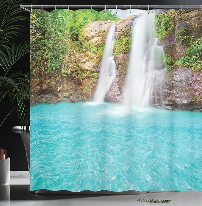 Ambesonne Waterfall Shower Curtain, Waterfall and Clear Natural Pool Plants Sunbeams in a Summer Day View, Cloth Fabric Bathroom Decor Set with Hooks, 69" W x 84" L, Aqua Green Pale Brown