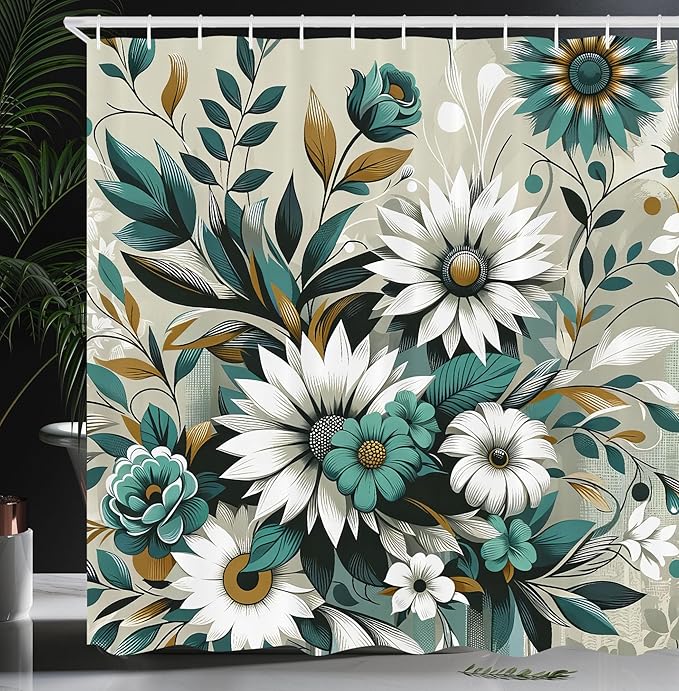 Ambesonne Teal Shower Curtain, Modern Urban Jungle Boho Concept Dancing Daisy with Curving Leaves Huddle, Cloth Fabric Bathroom Decor Set with Hooks, 69" W x 75" L, Sea Green Pale Mustard