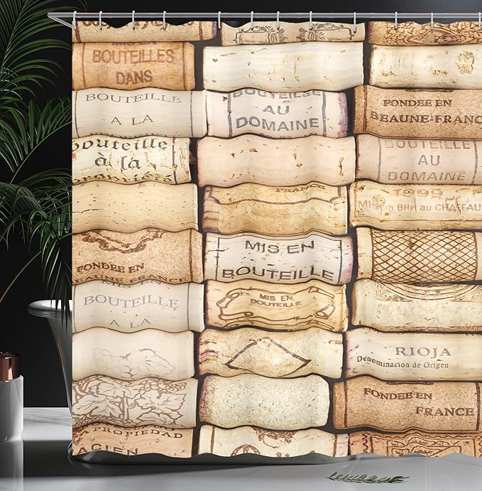 Ambesonne Winery Shower Curtain, Different Wine Corks Arranged in a Line French Aged Drinking Themed Closeup Art Macro Print, Cloth Fabric Bathroom Decor Set with Hooks, 69" W x 84" L, Ivory Brown