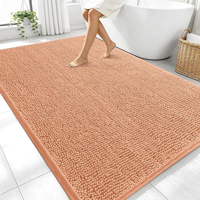 OLANLY Large Bathroom Rugs 70x46, Extra Soft Absorbent Chenille Bath Rugs, Rubber Backing Quick Dry, Machine Washable Bath Mats for Bathroom Floor, Tub and Shower, Home Decor Accessories, Peach