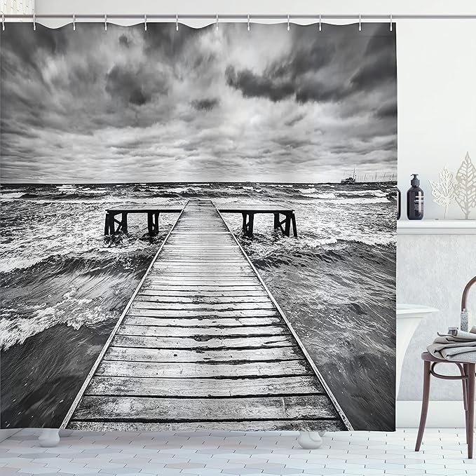 Ambesonne Landscape Shower Curtain, Old Wooden Deck in Storm Waves Sea Dramatic Sky Dark Heavy Clouds Print, Cloth Fabric Bathroom Decor Set with Hooks, 69" W x 70" L, Charcoal White