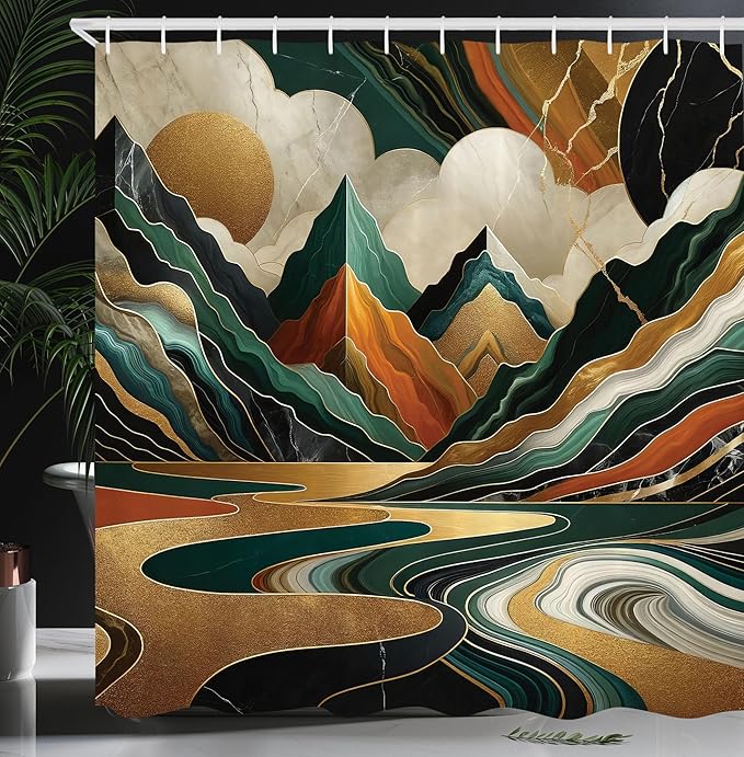 Ambesonne Mid Century Modern Shower Curtain, Groovy Bohemian Details Mountain Scene Cloudy Atmosphere, Cloth Fabric Bathroom Decor Set with Hooks, 69" W x 75" L, Teal Pale Vermilion Pearl