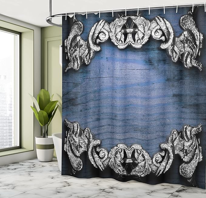 Ambesonne Victorian Shower Curtain, Iron Ornament on Wooden Britain Gothic Revival Art Peace Print, Cloth Fabric Bathroom Decor Set with Hooks, 69" W x 70" L, Dark Blue Grey