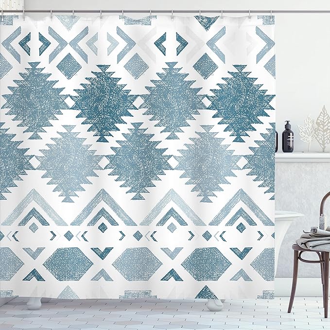 Ambesonne Tribal Shower Curtain, Retro Grunge Maya Latin Mexican Animistic Motifs Hippie Arrows Image, Cloth Fabric Bathroom Decor Set with Hooks, 69" W x 84" L, Blue Pale Grey