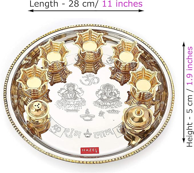 HAZEL Stainless Steel Pooja Aarti Thali Set, 11 inches with 5 Pcs Diva, 1 Pc Incense Holder and Kumkum Wati, Silver