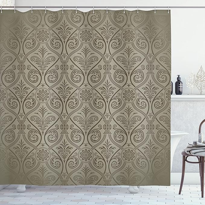 Ambesonne Damask Shower Curtain, Antique Baroque Pattern Mild Gothic Victorian Style Repeated Curly Motifs, Cloth Fabric Bathroom Decor Set with Hooks, 69" W x 70" L, Dusk Umber