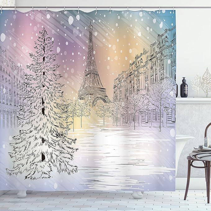 Ambesonne Winter Shower Curtain, Image of Stormy Winter Day in Idyllic Paris Streets Eiffel Tower Europe Scenery, Cloth Fabric Bathroom Decor Set with Hooks, 69" W x 70" L, Pink White