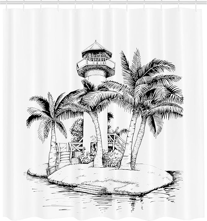 Ambesonne Tropical Shower Curtain, Lighthouse on Island Surrounded with Palm Trees Exotic Landscape Sketchy Artwork, Cloth Fabric Bathroom Decor Set with Hooks, 69" W x 70" L, Black and White