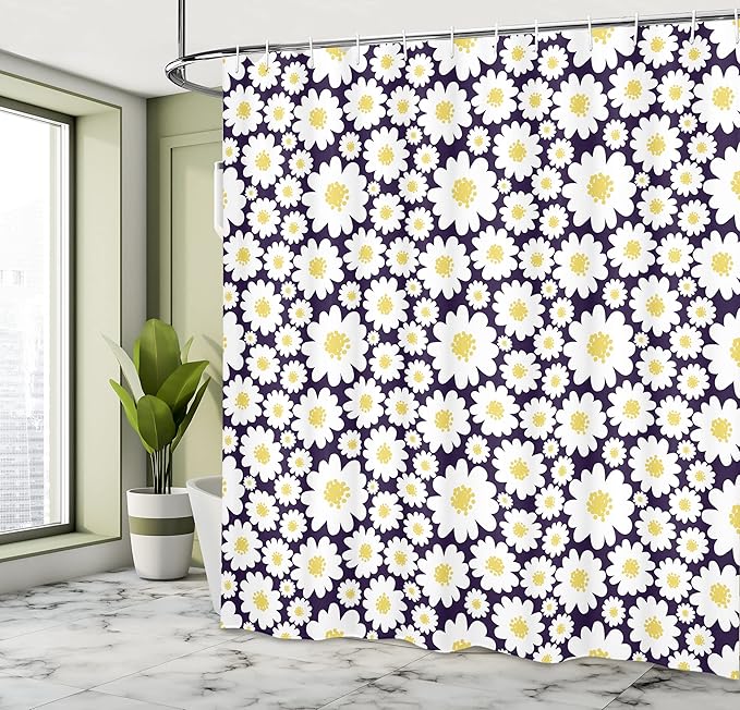 Ambesonne Floral Shower Curtain, Pastel Cartoon Like Flowers Daisies Spring Time Season Artwork Print, Cloth Fabric Bathroom Decor Set with Hooks, 69" W x 70" L, Dark Purple