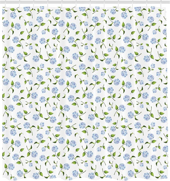 Ambesonne Floral Shower Curtain, Watercolor Hydrangea Flowers and Leaves Composed on a Plain Background, Cloth Fabric Bathroom Decor Set with Hooks, 69" W x 70" L, Ceil Blue Green White