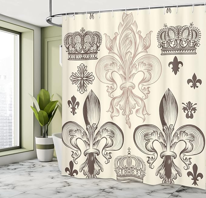 Ambesonne Fleur De Lis Shower Curtain, Heraldic Pattern with Fleur-de-Lis and Crowns Tiara Coat of The Arms Knight Design of Artwork, Cloth Fabric Bathroom Set with Hooks, 69" W x 75" L, Beige Taupe
