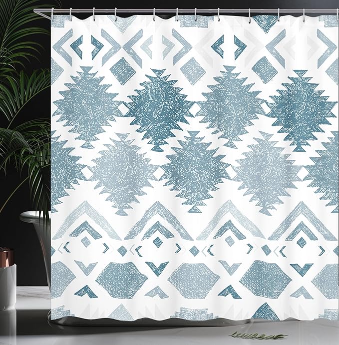 Ambesonne Tribal Shower Curtain, Retro Grunge Maya Latin Mexican Animistic Motifs Hippie Arrows Image, Cloth Fabric Bathroom Decor Set with Hooks, 69" W x 84" L, Blue Pale Grey