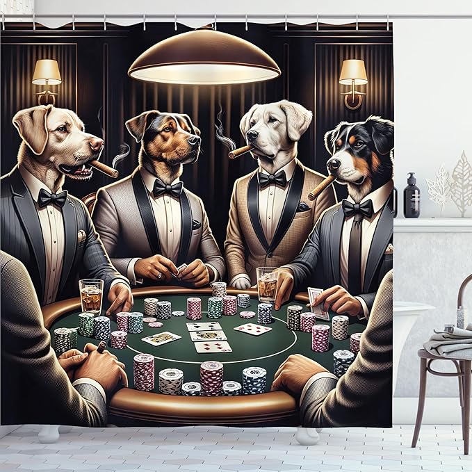 Ambesonne Dog Shower Curtain, Funny Gentleman Animals in Sharp Suits Around The Poker Table Humorous Scene, Cloth Fabric Bathroom Decor Set with Hooks, 69" W x 70" L, Brown Dark Green Grey