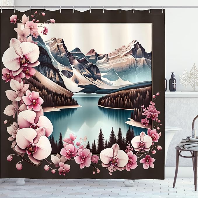 Ambesonne Lake Shower Curtain, Orchid Branches Around Mountain Landscape Spring Joy Outdoorsy View, Cloth Fabric Bathroom Decor Set with Hooks, 69" W x 75" L, Pink Brown and Cadet Blue