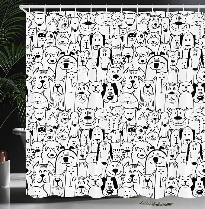 Ambesonne Pet Shower Curtain, Group of Dogs and Cats Animals Fun Happy Beings Cartoon Inspired Design, Cloth Fabric Bathroom Decor Set with Hooks, 69" W x 75" L, Black and White