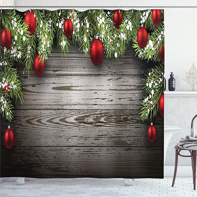 Ambesonne Christmas Shower Curtain, Ornaments Nostalgic Historical Celebration and Reunion Themed Print, Cloth Fabric Bathroom Decor Set with Hooks, 69" W x 70" L, Brown Red