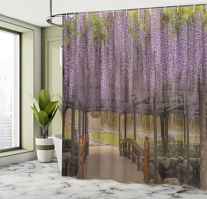 Ambesonne Japanese Shower Curtain, Lilac Flowers Hanging Down from Terrace Top to Bottom Field Paradise Scenery, Cloth Fabric Bathroom Decor Set with Hooks, 69" W x 70" L, Purple Brown