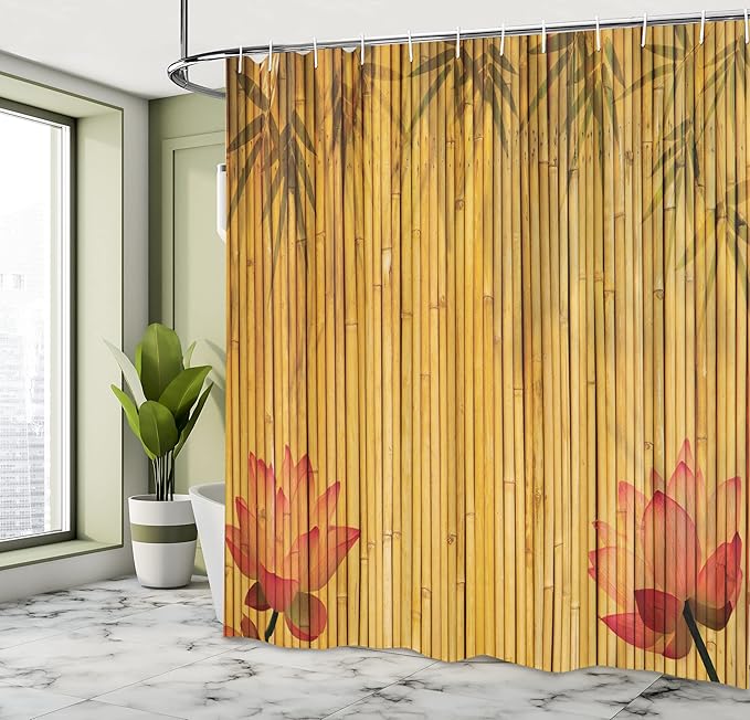 Ambesonne Asian Themed Shower Curtain, Chinese Concept Flower Silhouettes and Shadow Look Eastern Tropical Exotic, Cloth Fabric Bathroom Decor Set with Hooks, 69" W x 75" L, Mustard