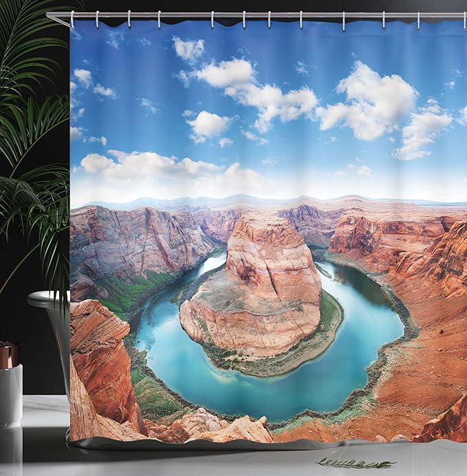 Ambesonne USA Shower Curtain, Horse Shoe Bend North Rim Grand Canyon Page Arizona Famous Tourist Attractions, Cloth Fabric Bathroom Decor Set with Hooks, 69" W x 75" L, Cinnamon White