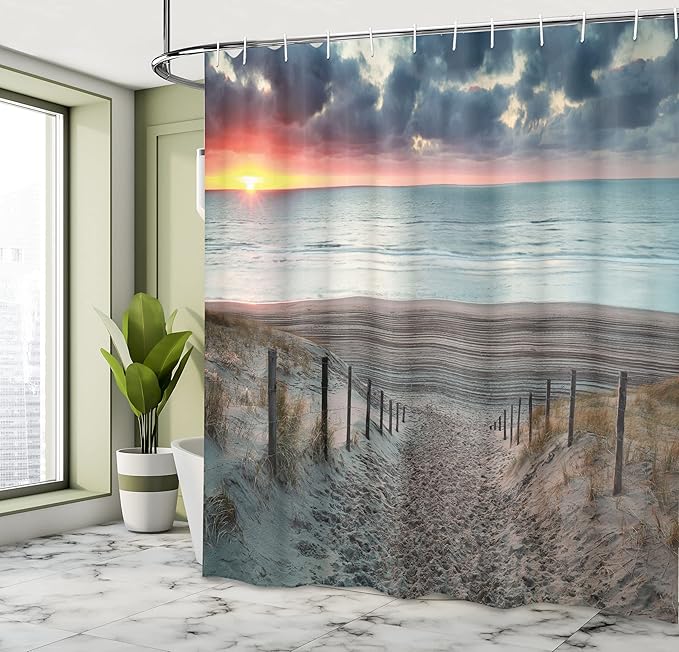 Ambesonne Beach Shower Curtain, Sun Setting View North Sea North Holland Netherlands Footsteps Outdoors Image, Cloth Fabric Bathroom Decor Set with Hooks, 69" W x 75" L, Bluegrey Brown