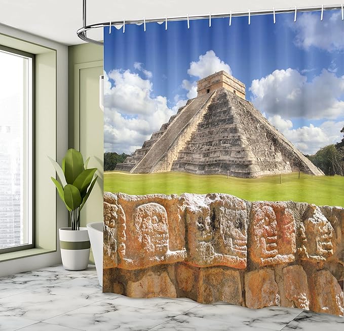 Ambesonne Vintage Shower Curtain, Wall of Skulls and Kukulkan Pyramid El Castillo Scenery Photo, Cloth Fabric Bathroom Decor Set with Hooks, 69" W x 75" L, Charcoal Grey Lime Green