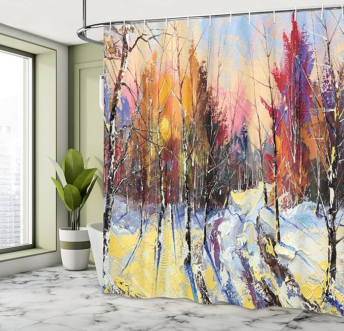Ambesonne Country Shower Curtain, Pastel Color Paint of Sunset in Old Town Winter Pastoral Countryside Landscape, Cloth Fabric Bathroom Decor Set with Hooks, 69" W x 84" L, Pastel Yellow