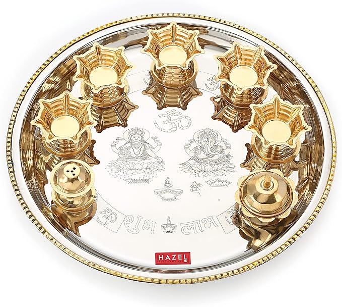 HAZEL Stainless Steel Pooja Aarti Thali Set, 11 inches with 5 Pcs Diva, 1 Pc Incense Holder and Kumkum Wati, Silver
