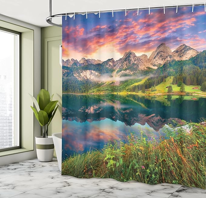 Ambesonne Landscape Shower Curtain, Summer Sunrise on Vorderer Gosausee Lake in The Austrian Alp Mountains, Cloth Fabric Bathroom Decor Set with Hooks, 69" W x 70" L, Pink Green